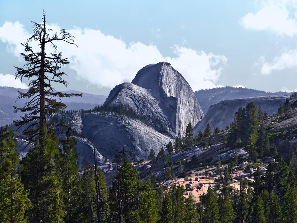View of Half Dome from the overlook in Yosemite National Park on a sunny day
