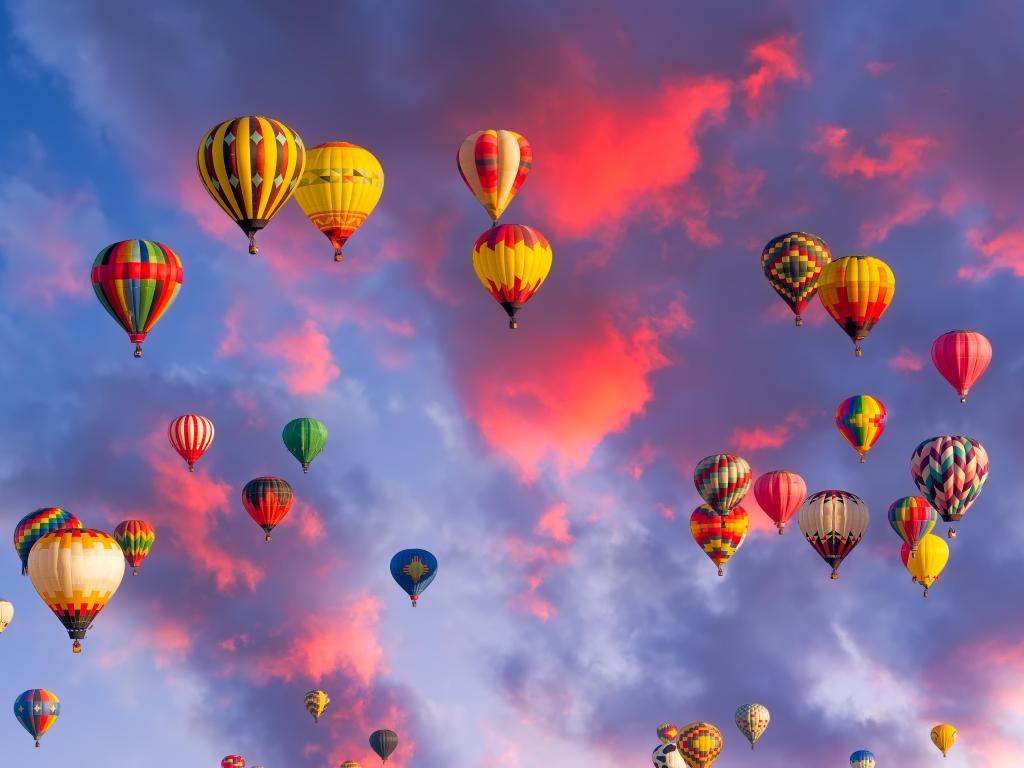 Colorful hot air balloons in flight illuminated by early morning light in the Albuquerque skies.