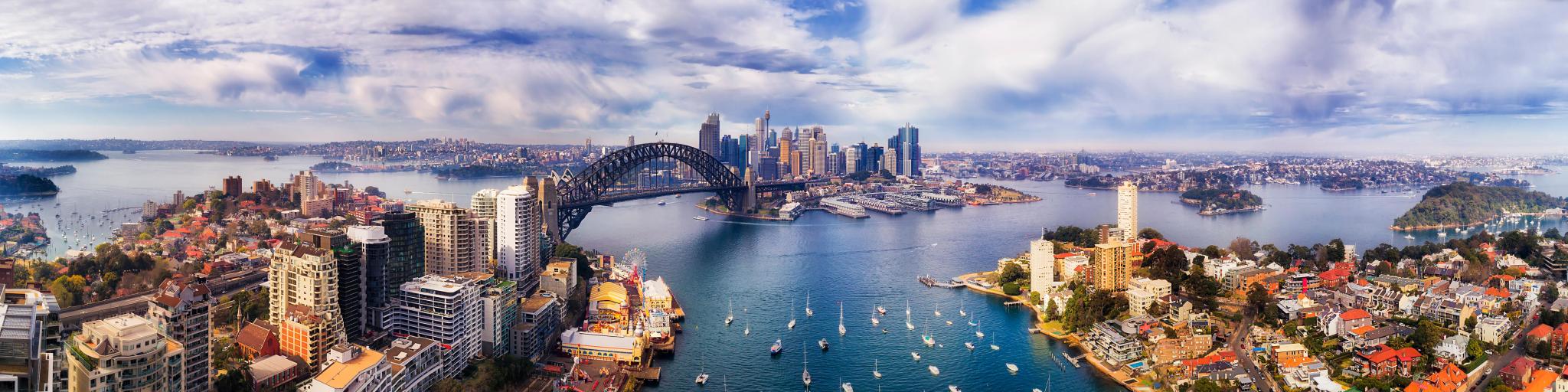 Aerial view of Sydney with Harbour Bridge, Opera House and CBD