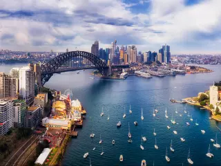 Aerial view of Sydney with Harbour Bridge, Opera House and CBD