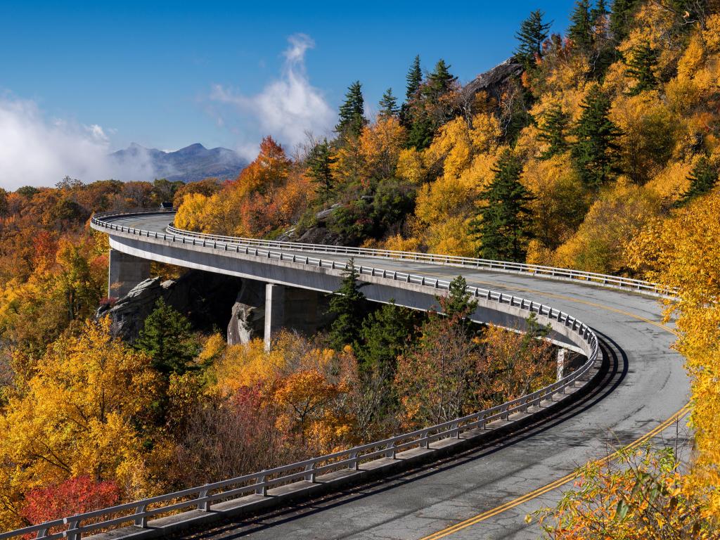 Linn Cove Viaduct carries the Blue Ridge Parkway around the slopes of Grandfather Mountain in North Carolina
