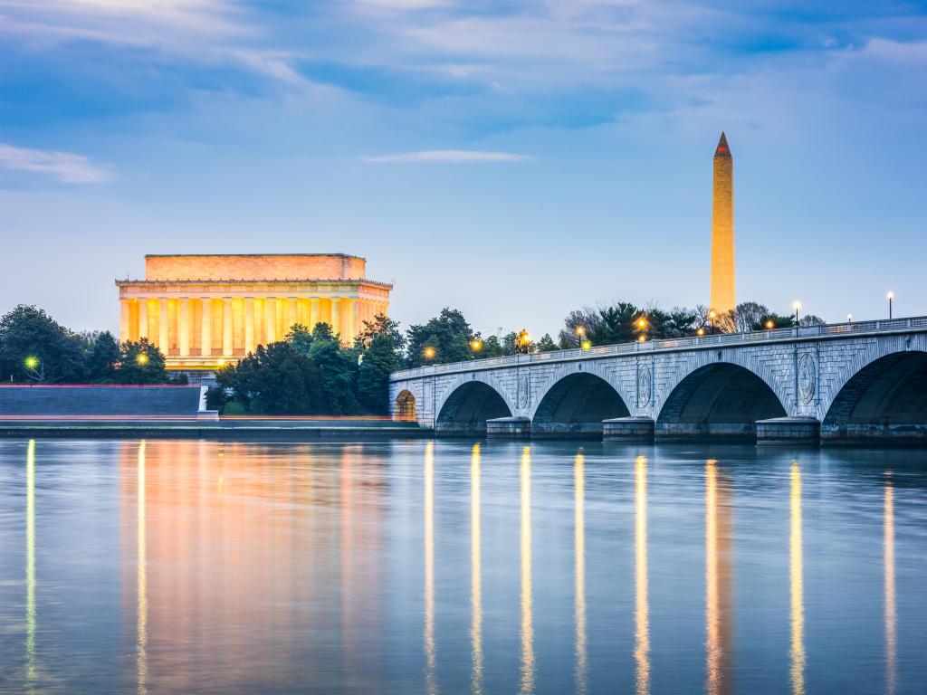 Washington DC, USA skyline at early evening with reflections on the Potomac River in the foreground.