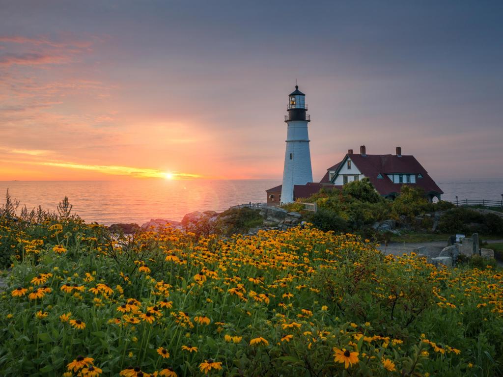 Sunrise at Portland Head Lighthouse in Maine.