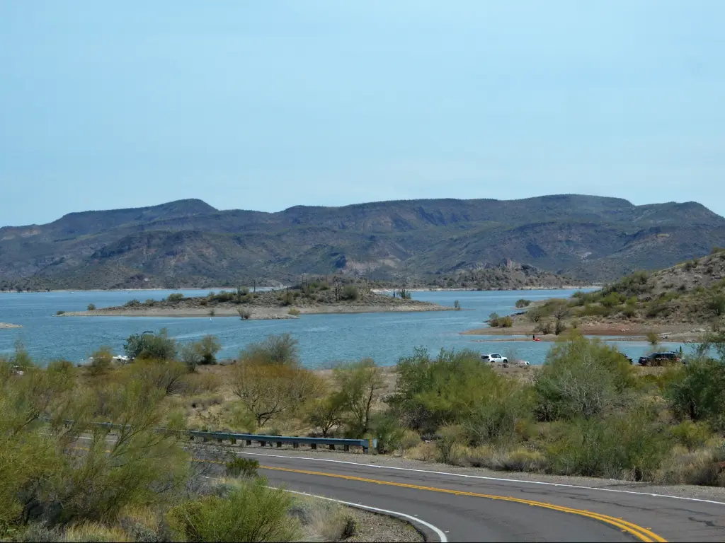 A scenic view of Lake Pleasant Park recreation area in Phoenix, Arizona from the road on a fine day