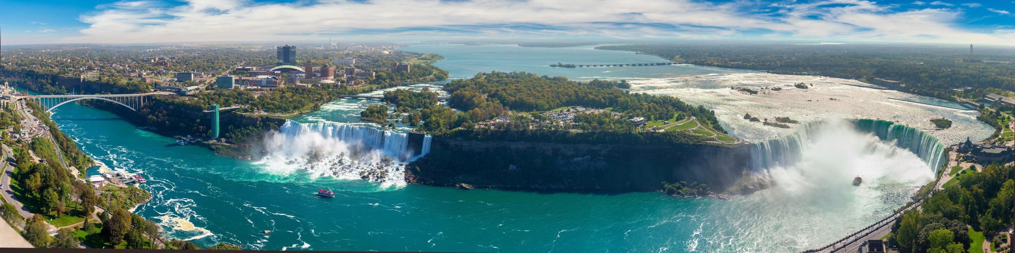 Panorama of aerial view of Canadian side view of Niagara Falls, American Falls and Horseshoe Falls in Niagara Falls, Ontario, Canada