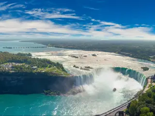 Panorama of aerial view of Canadian side view of Niagara Falls, American Falls and Horseshoe Falls in Niagara Falls, Ontario, Canada