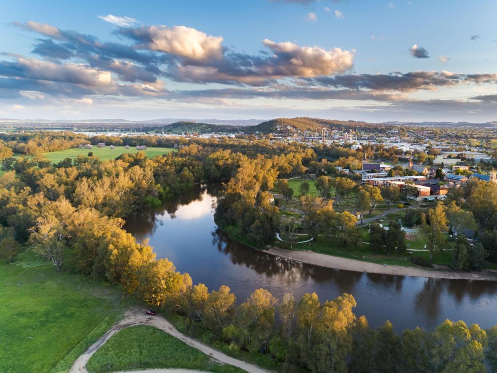 Wagga Wagga, Australia taken at sunset over the Murrumbidgee River in Wagga Wagga as an aerial drone view.