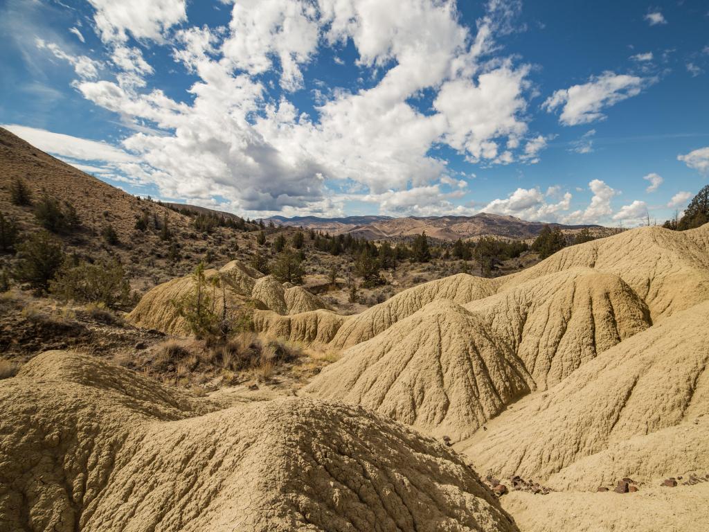 Oregon Badlands Wilderness with the clay formations in the foreground against a blue sky.