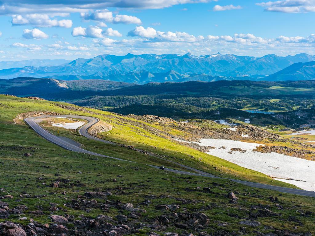 Panoramic view of Beartooth Highway, of rugged mountains and weaving highway