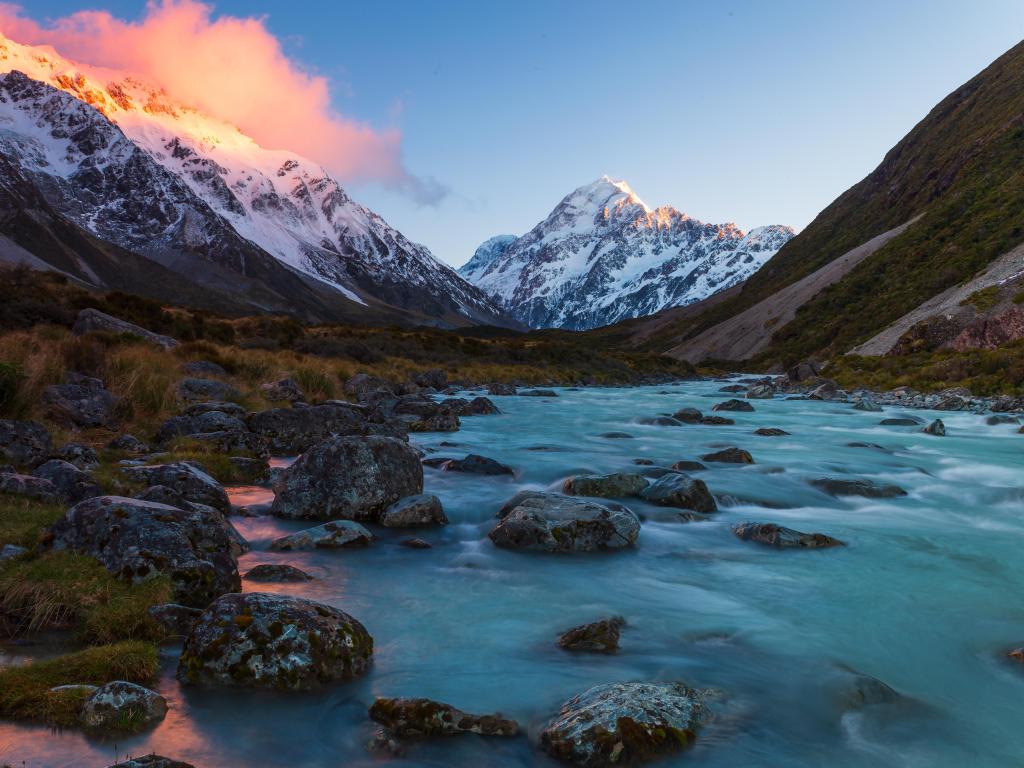 Mount Cook and Hooker River at dawn at Aoraki Mount Cook National Park, New Zealand