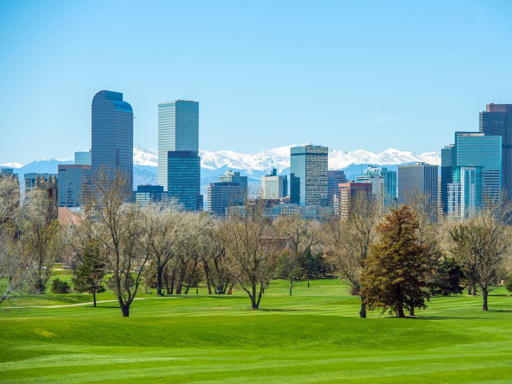 Denver, Colorado, USA taken on a sunny day with the city skyline in the distance and the Snowy Rocky Mountains, with trees and grass in the foreground.