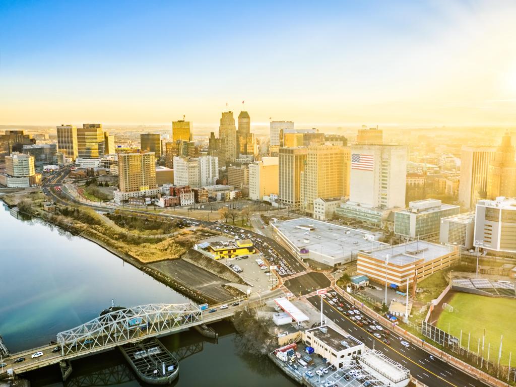 Aerial view of Newark New Jersey skyline on late sunny afternoon.