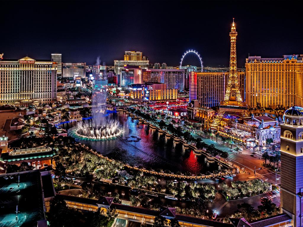 Las Vegas Nevada panoramic view of the Las Vegas Strip with bright street lights shining through in at night time