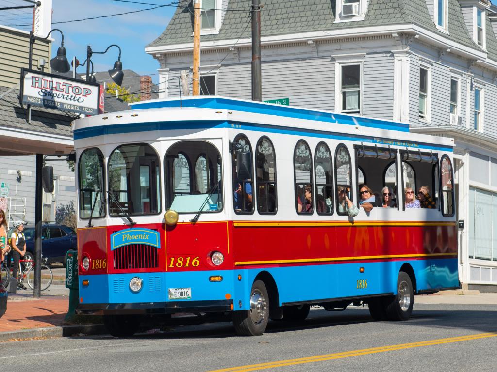 Colorful Portland Mainely Tour bus riding along Munjoy Hill, Portland, Maine