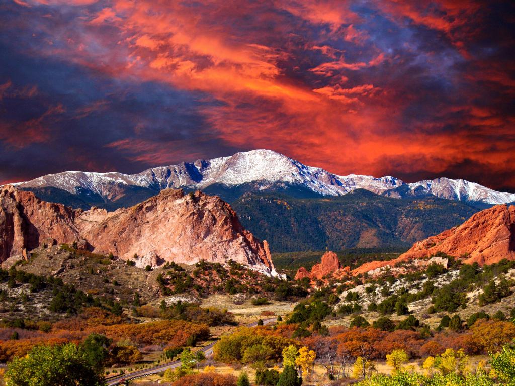 Pikes Peak Soaring over the Garden of the Gods with Dramatic Sky