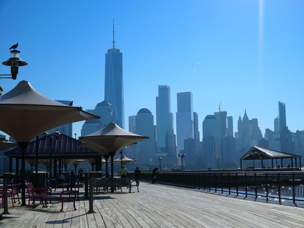 Landscape view of Manhattan skyline seen from New Jersey boardwalk
