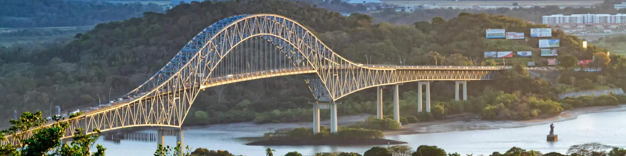 Panoramic aerial view of the sunset scene over the Panama Canal Pacific Entrance