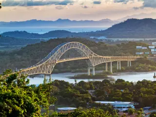 Panoramic aerial view of the sunset scene over the Panama Canal Pacific Entrance