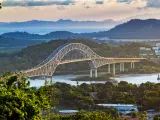 Panoramic aerial view of the sunset scene over the Panama Canal Pacific Entrance