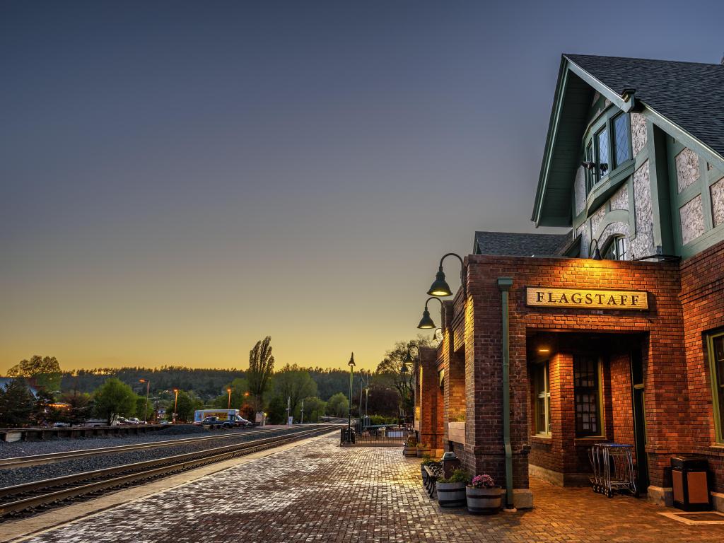 Flagstaff, Arizona, USA taken at the historic train station in Flagstaff at sunset.