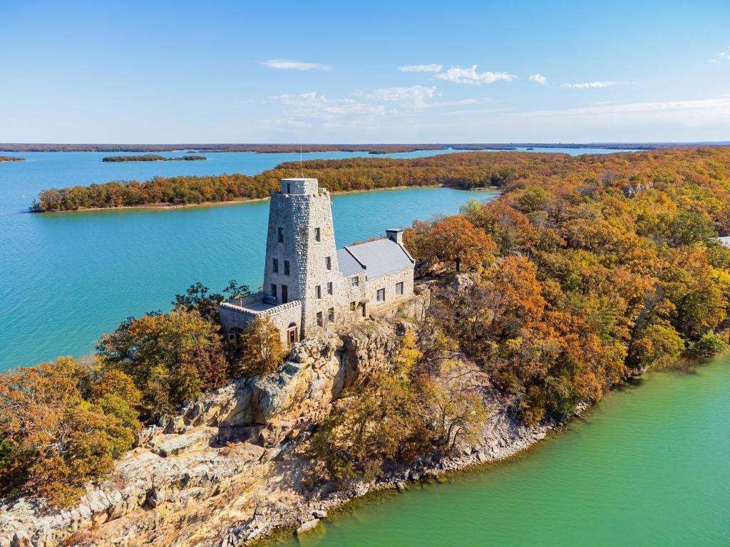 Aerial view of the Tucker Tower of Lake Murray State Park at Oklahoma on a clear day.