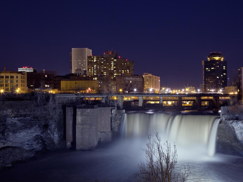 Cascade lit up at night at Rochester, New York