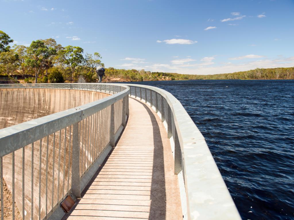 The wall and railing of the Barossa Reservoir on a sunny day