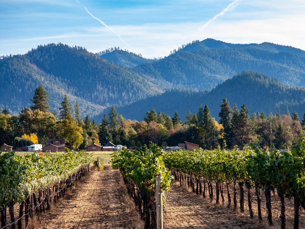 Ashland, Oregon, USA with a view of Applegate Valley winery in the foreground and tree lined mountains in the distance on a sunny day.