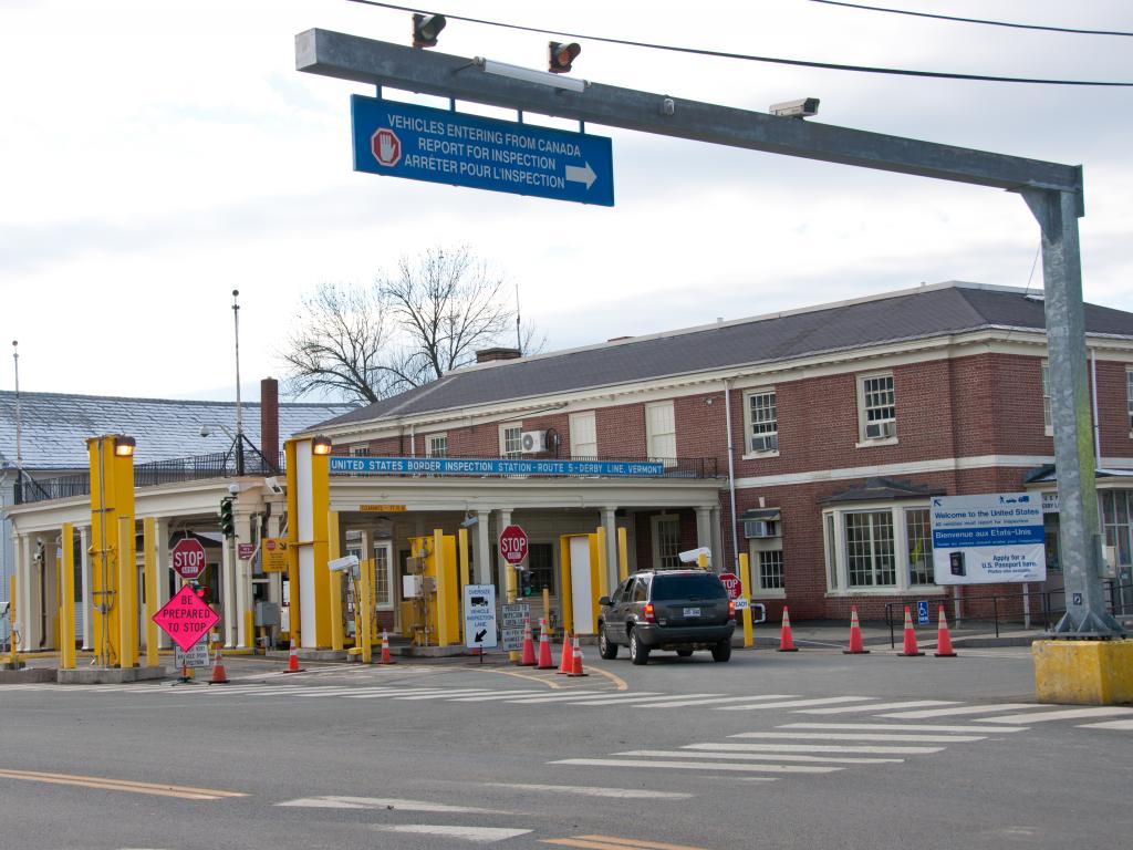 Cars waiting at the Customs inspection point on Main Street in Derby Line, Vermont.