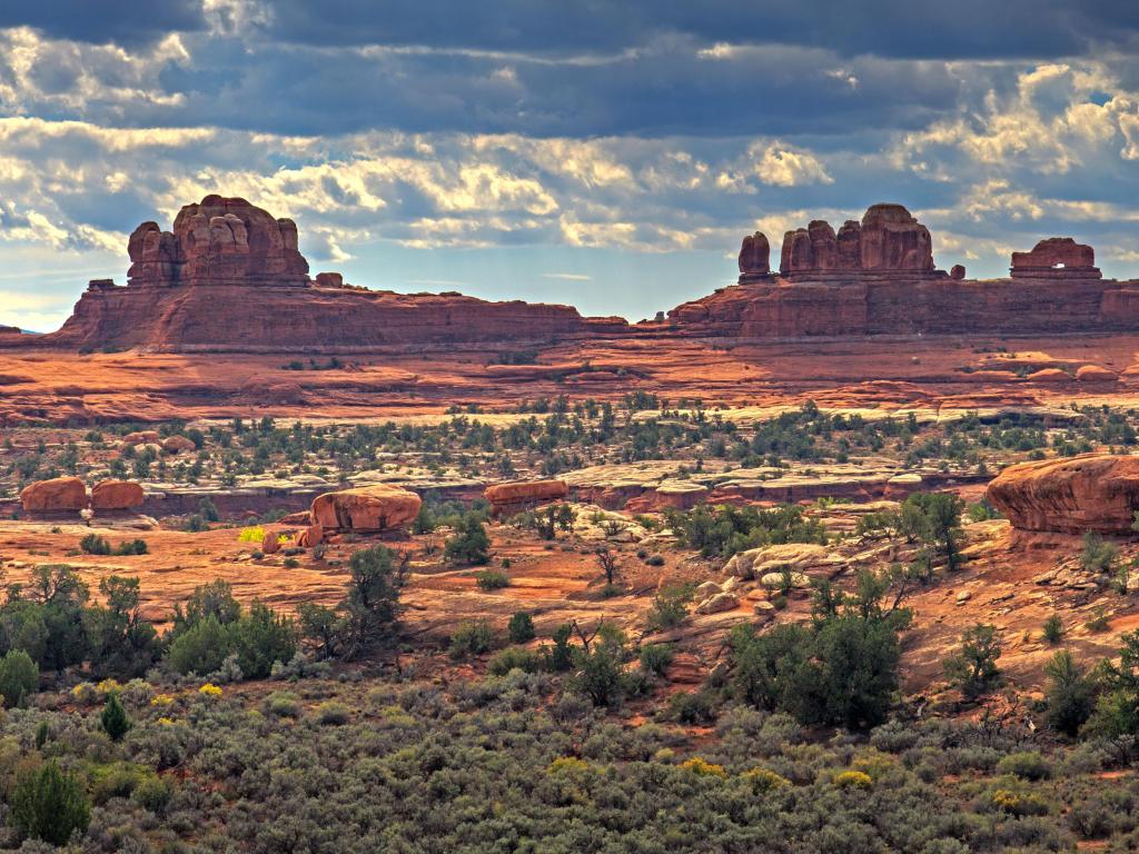Canyonlands National Park, Moab, USA with canyons in the distance against a cloudy sky.