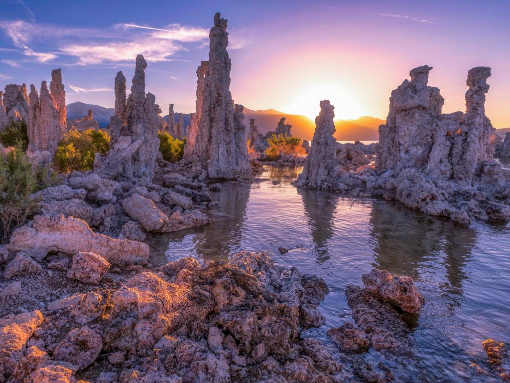 Calcareous tufa rock formations in the shallow saline soda lake at Mono Lake, California