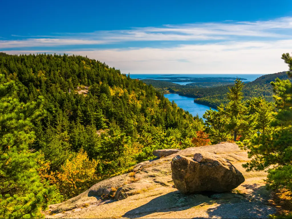 View of the forest and lakes from the North Bubble in Acadia National Park, Maine.