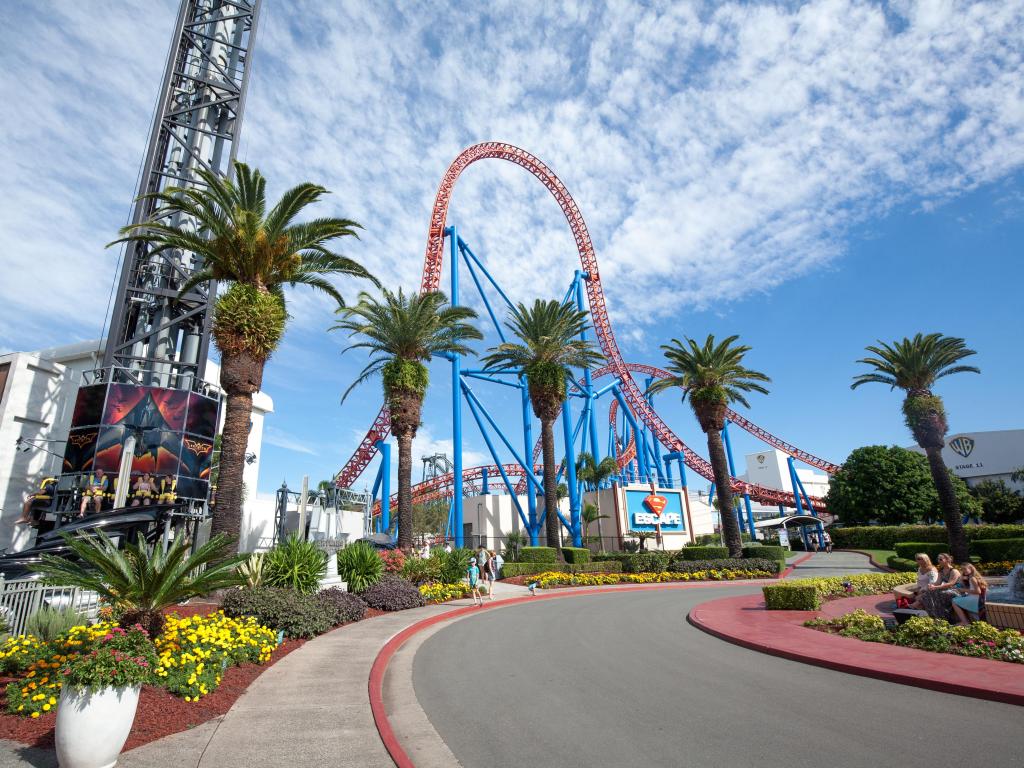 Colorful rides at the amusement park on a cloudy day