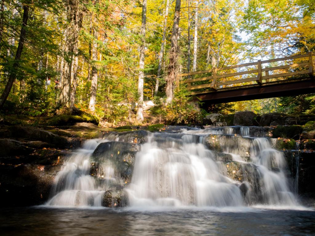 Mont-Megantic national park, Canada taken during fall with a view of a waterfall in a forest, a bridge above and water in the foreground.