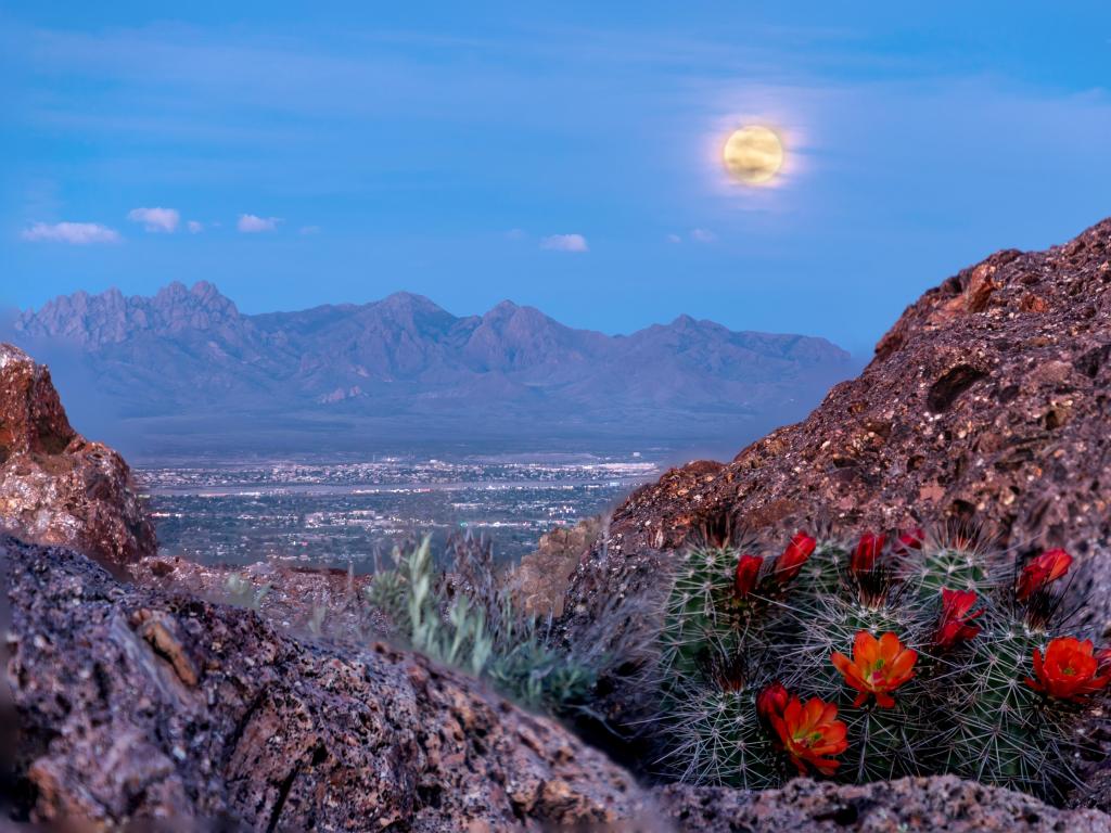 Supermoon over Las Cruces, New Mexico, USA from Picacho Peak with mountains in the distance.