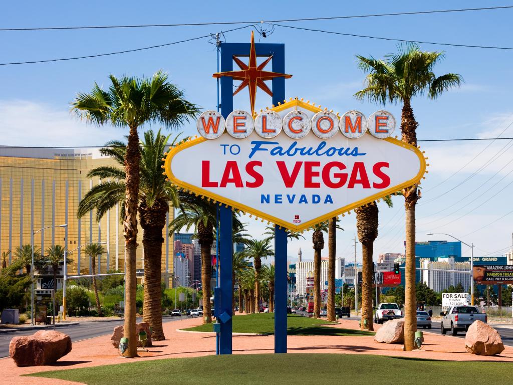 Las Vegas, Nevada, USA with the Welcome to Fabulous Las Vegas sign on the Las Vegas Strip taken on a sunny day. 