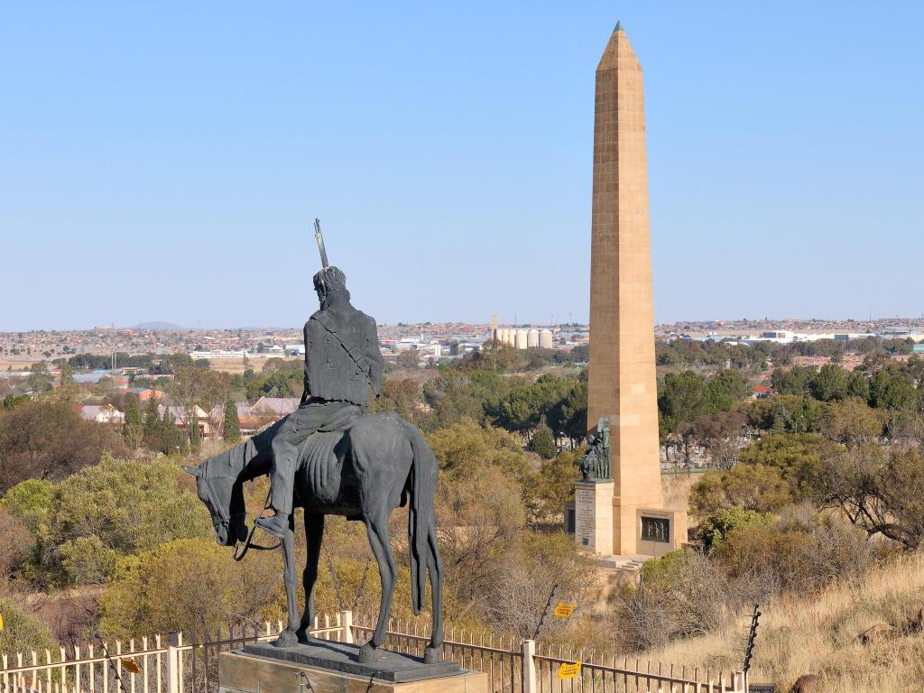 Bloemfontein, South Africa taken at the Women's Memorial and horse rider statue overlooking the city on a clear sunny day.