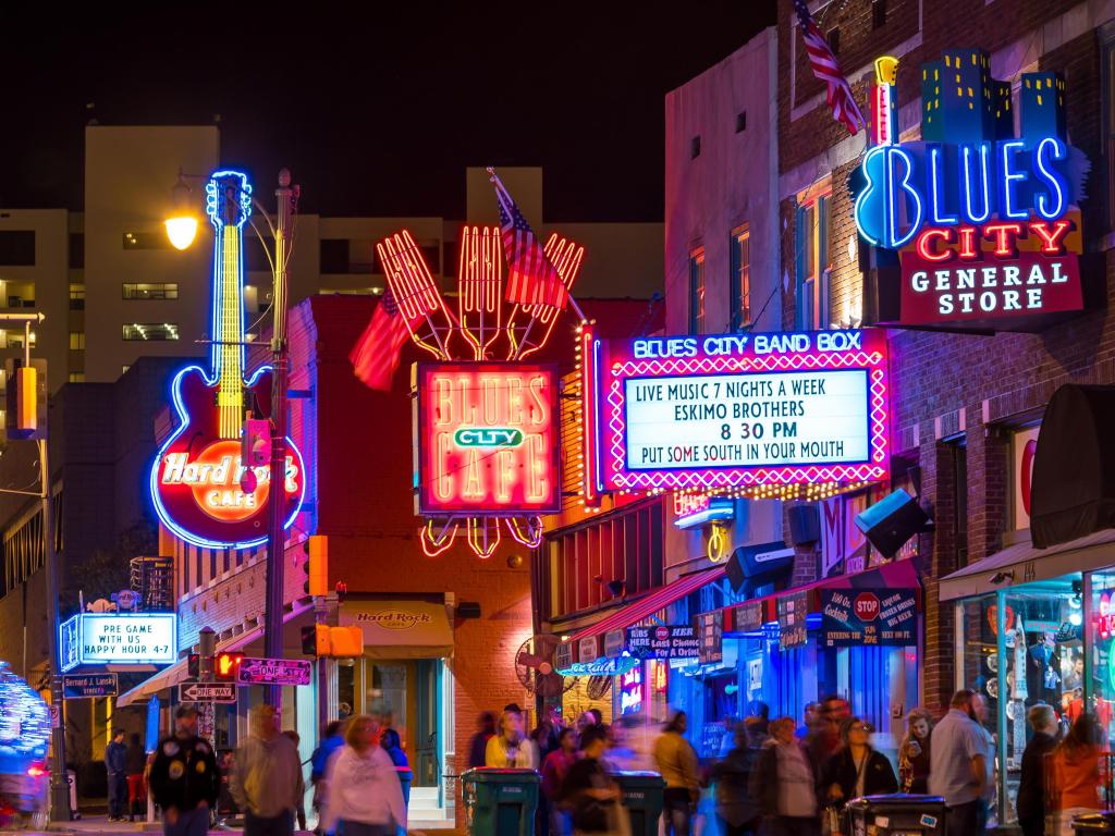 Memphis, USA with neon signs of famous blues clubs on Beale street taken at night.