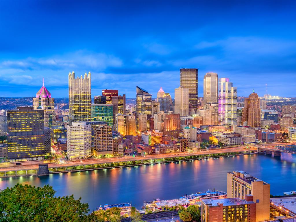 Pittsburgh, Pennsylvania, USA skyline over the Monongahela River at early evening.