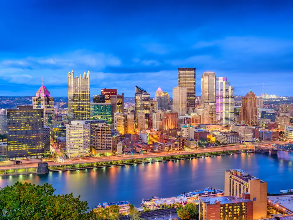 Pittsburgh, Pennsylvania, USA skyline over the Monongahela River at early evening.