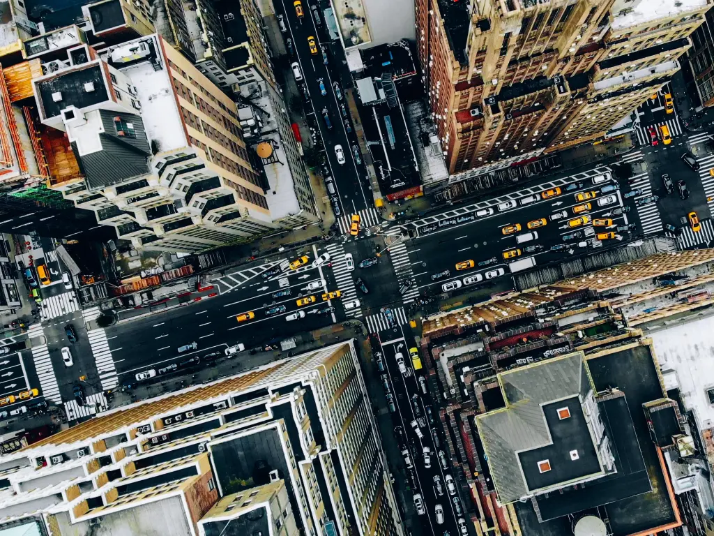 New York aerial image of a crossroads from the top of skyscrappers
