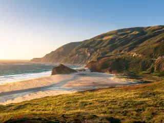 Big Sur river flowing out into the Pacific Ocean at Andrew Molera State Park south of Monterey, CA, Big Sur, California, USA.