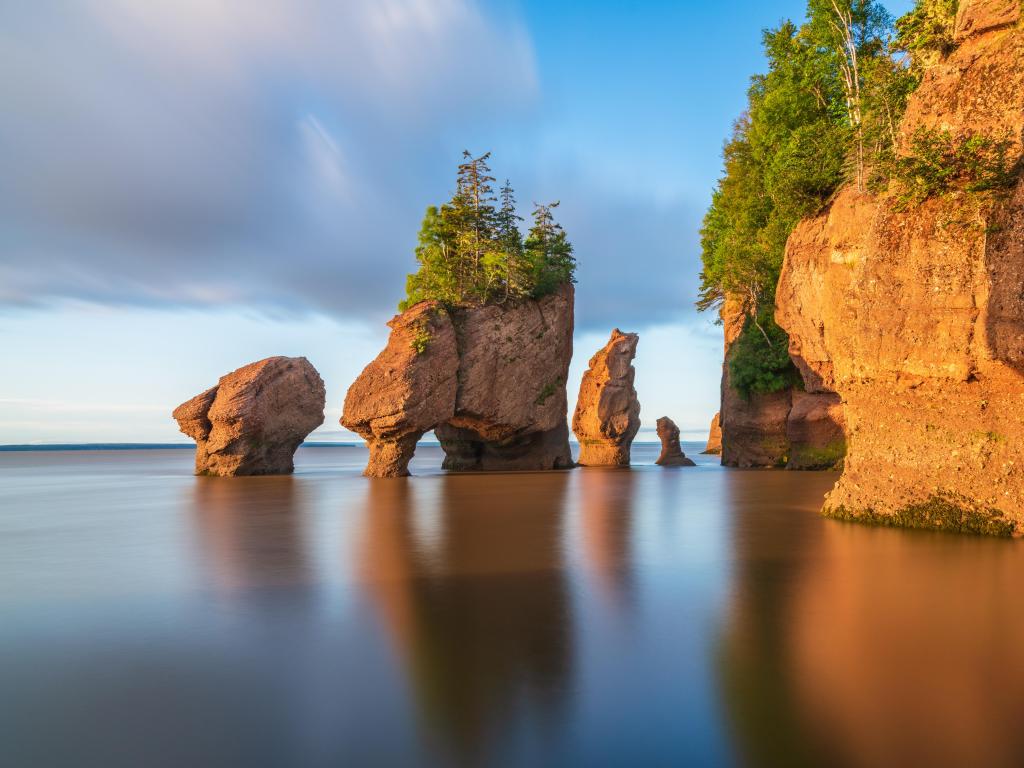 Hopewill Rock, New Brunswick, Canada taken at sunrise during high tide, with rocks standing tall in the sea and trees growing on top.