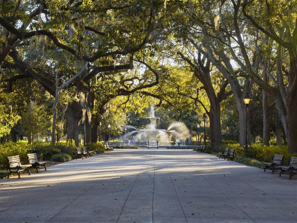 A sunny autumn day at Forsyth Park in Savannah, Georgia.