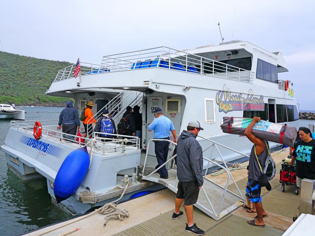 Passengers boarding the Maui-Lanai ferry boat in Hawaii.