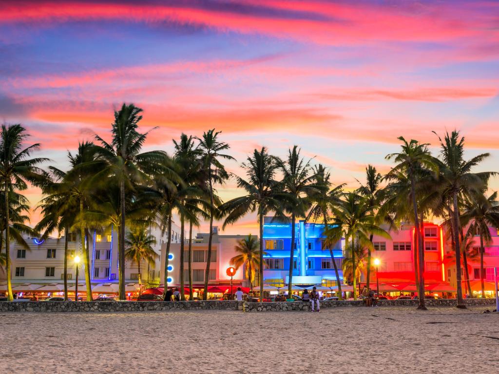 Miami Beach, Florida, USA on Ocean Drive at sunset.