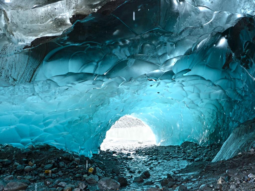 Beautiful ice cave inside a glacier in Juneau Alaska.