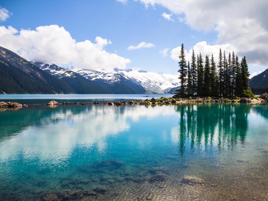 Garibaldi Lake reflections, Whistler, BC with clear turquoise water in the foreground, snow-capped mountains in the distance under a cloudy sky.
