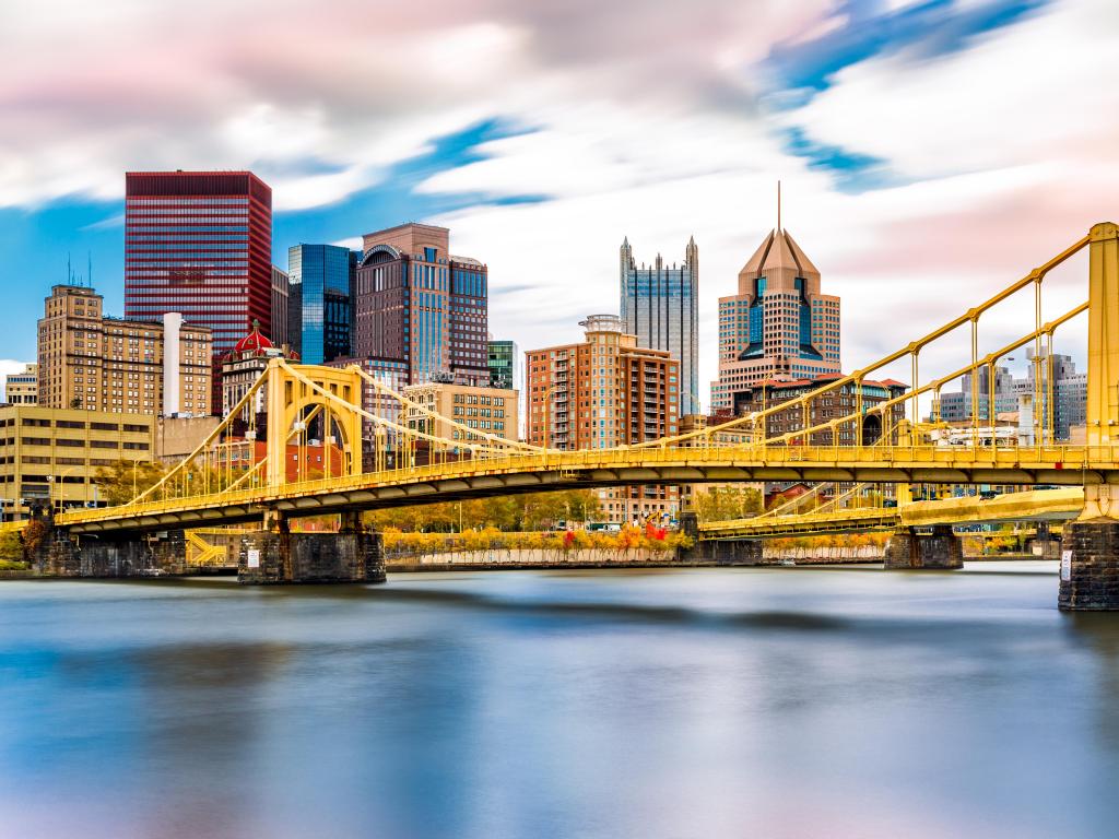 Pittsburgh, Pennsylvania, USA taken with the Rachel Carson Bridge (aka Ninth Street Bridge) in the foreground spanning the Allegheny River.