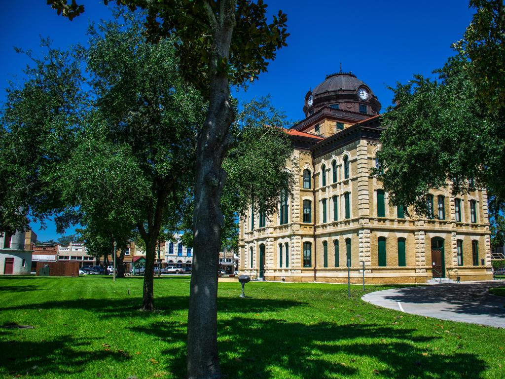 View of outside of historic town square courthouse Columbus, Texas